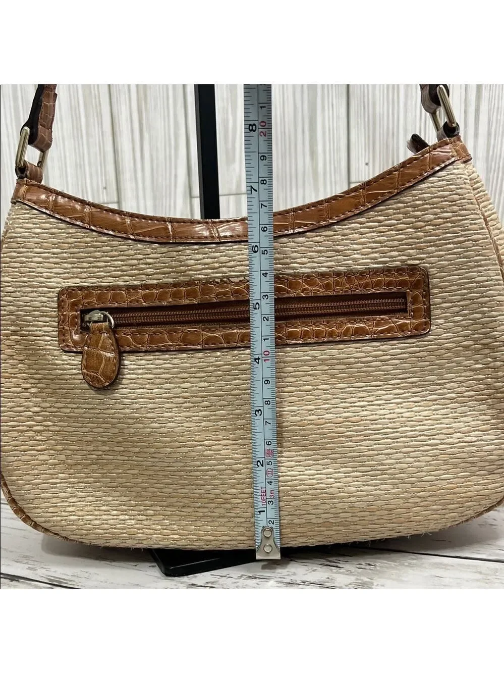 Liz Claiborne Boho Y2K Woven Straw Shoulder Bag Beige with Brown Faux Croc Trim